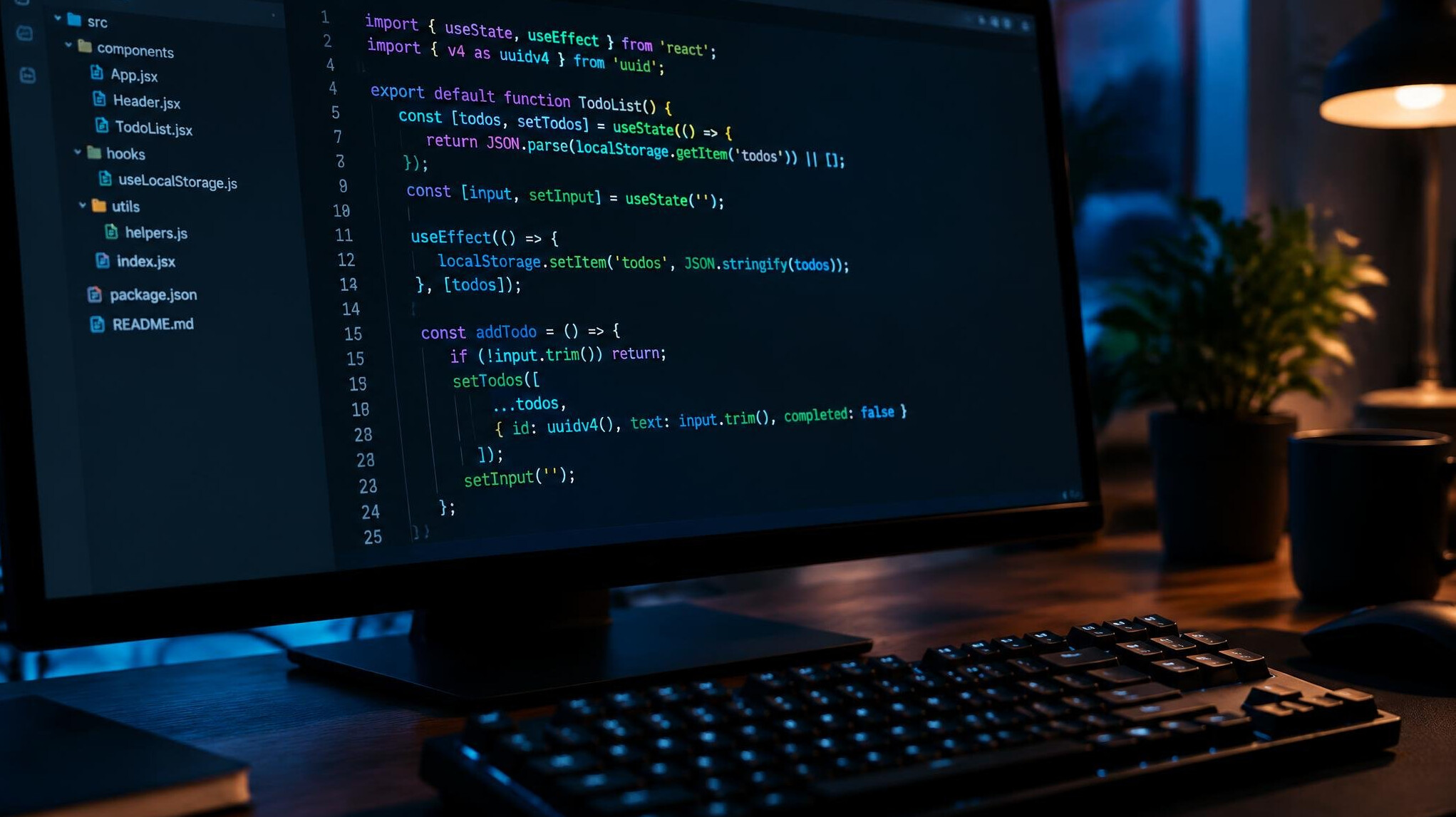 Programming code on a monitor in a dark room