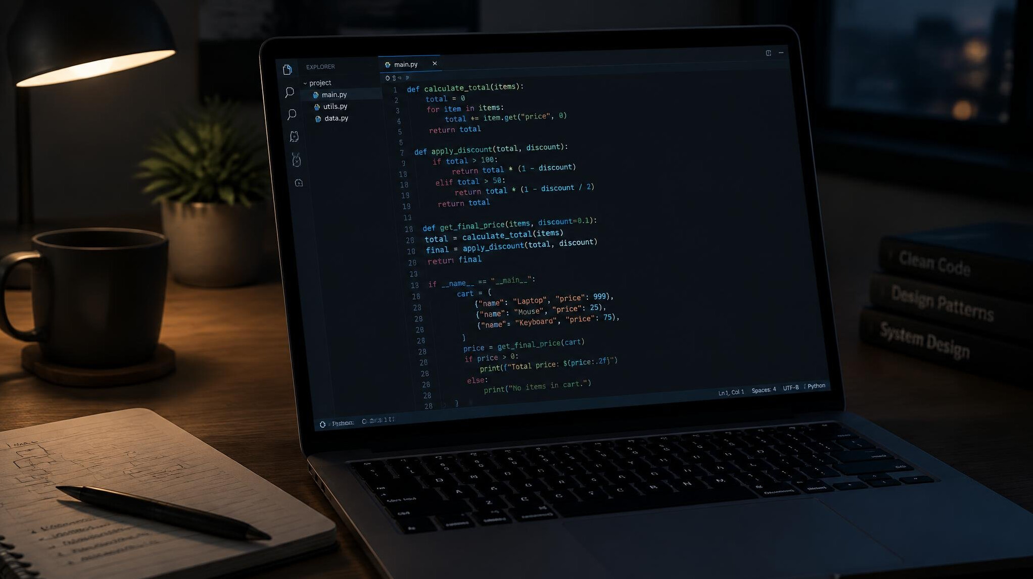 Code editor with logic and functions on a laptop