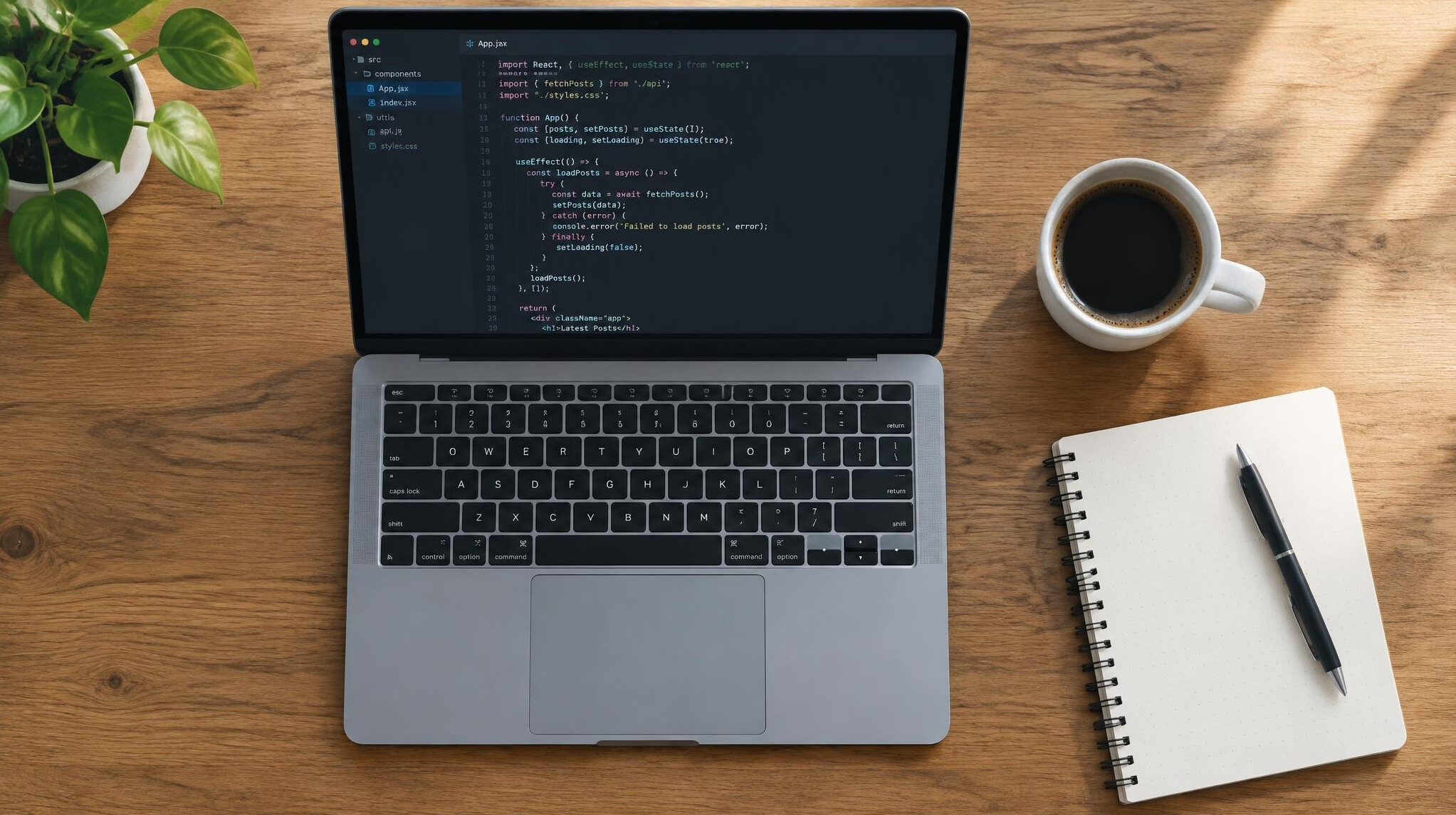 Laptop with code on a desk next to a coffee cup