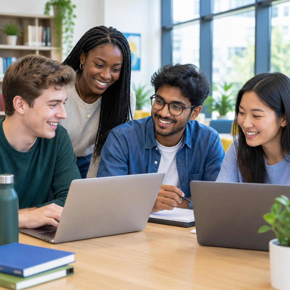 Group of students learning together with laptops
