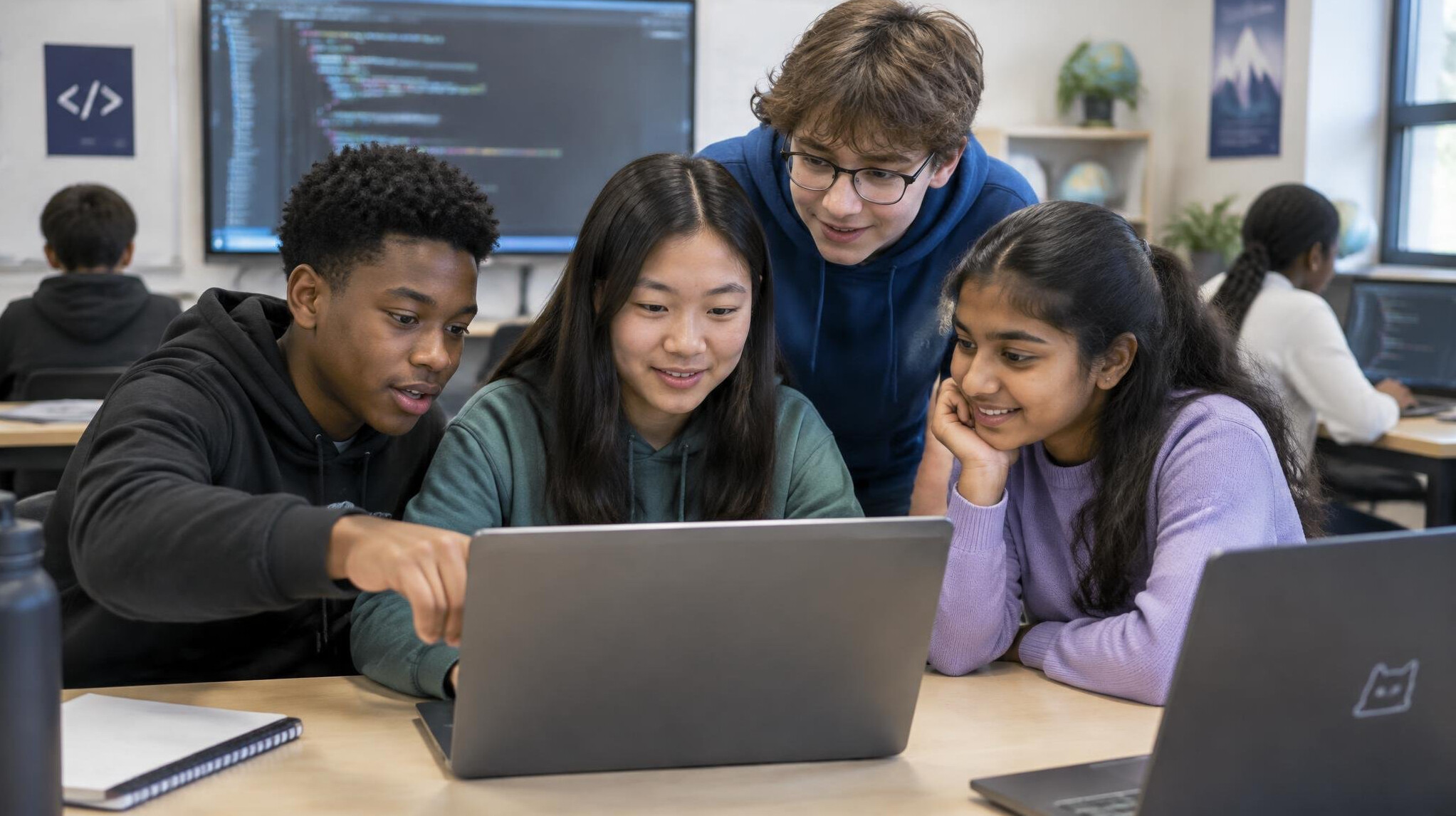 group of students collaborating on code