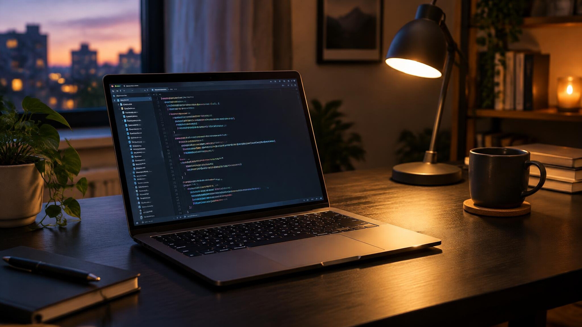 Laptop screen with programming code and a desk lamp
